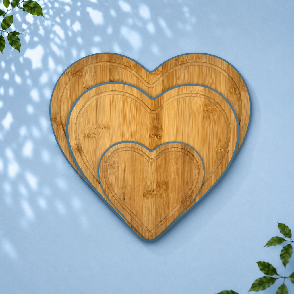 3 Heart Bamboo Chopping Boards with Stand, Blue