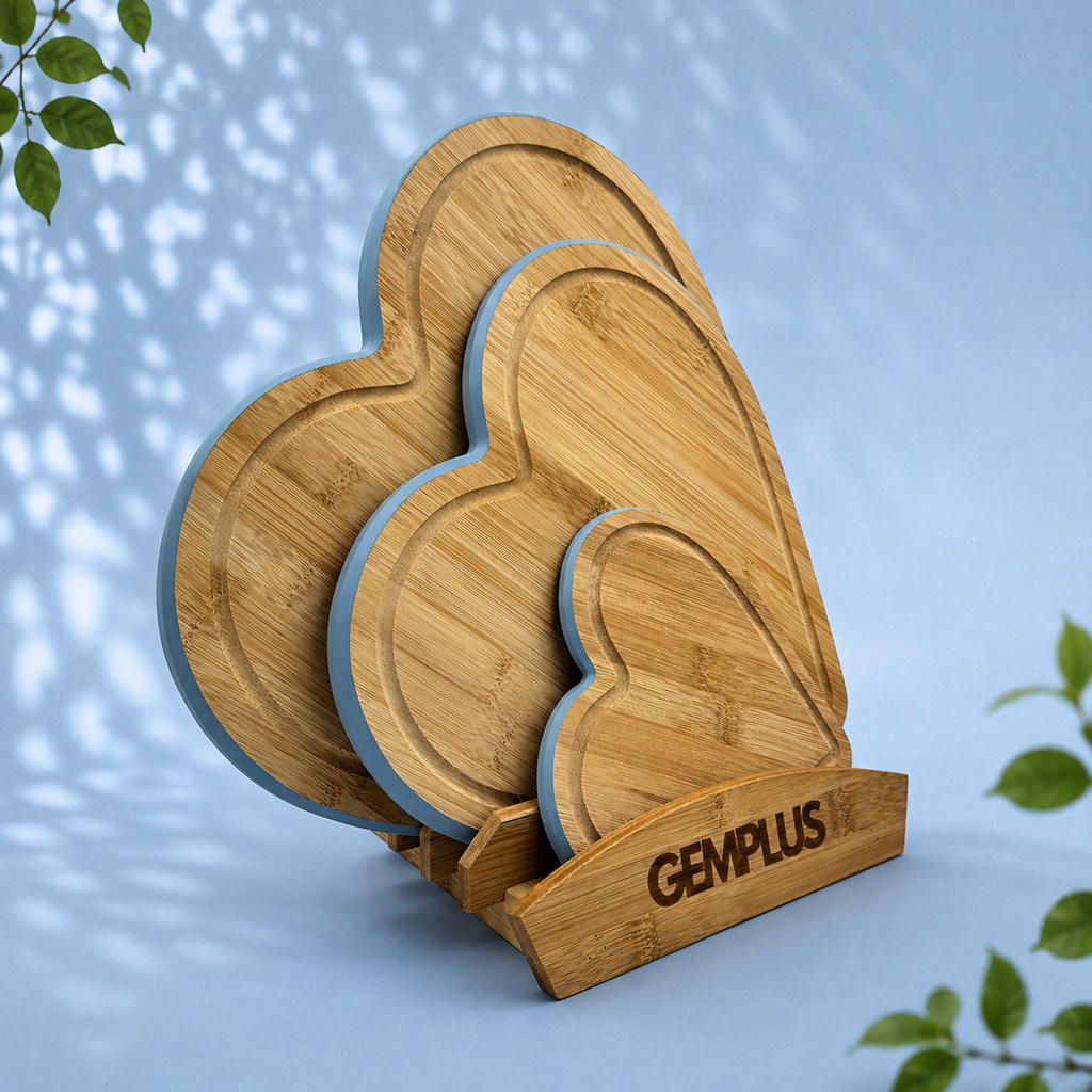 3 Heart Bamboo Chopping Boards with Stand, Blue