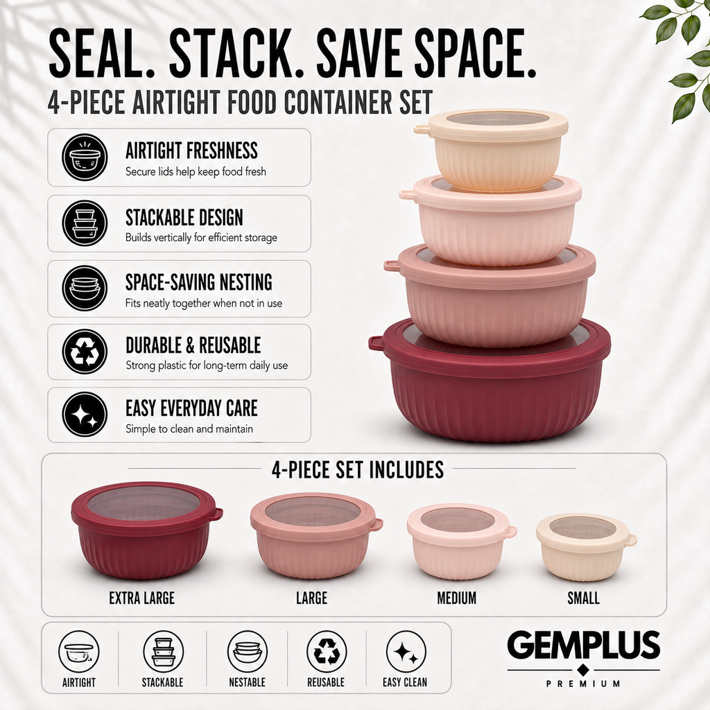 4-Piece Airtight Food Storage Bowls, Pink