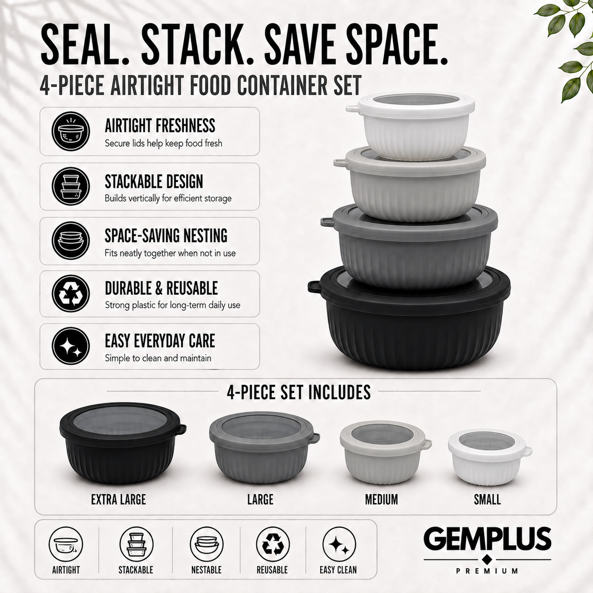 4-Piece Airtight Food Storage Bowls, Black