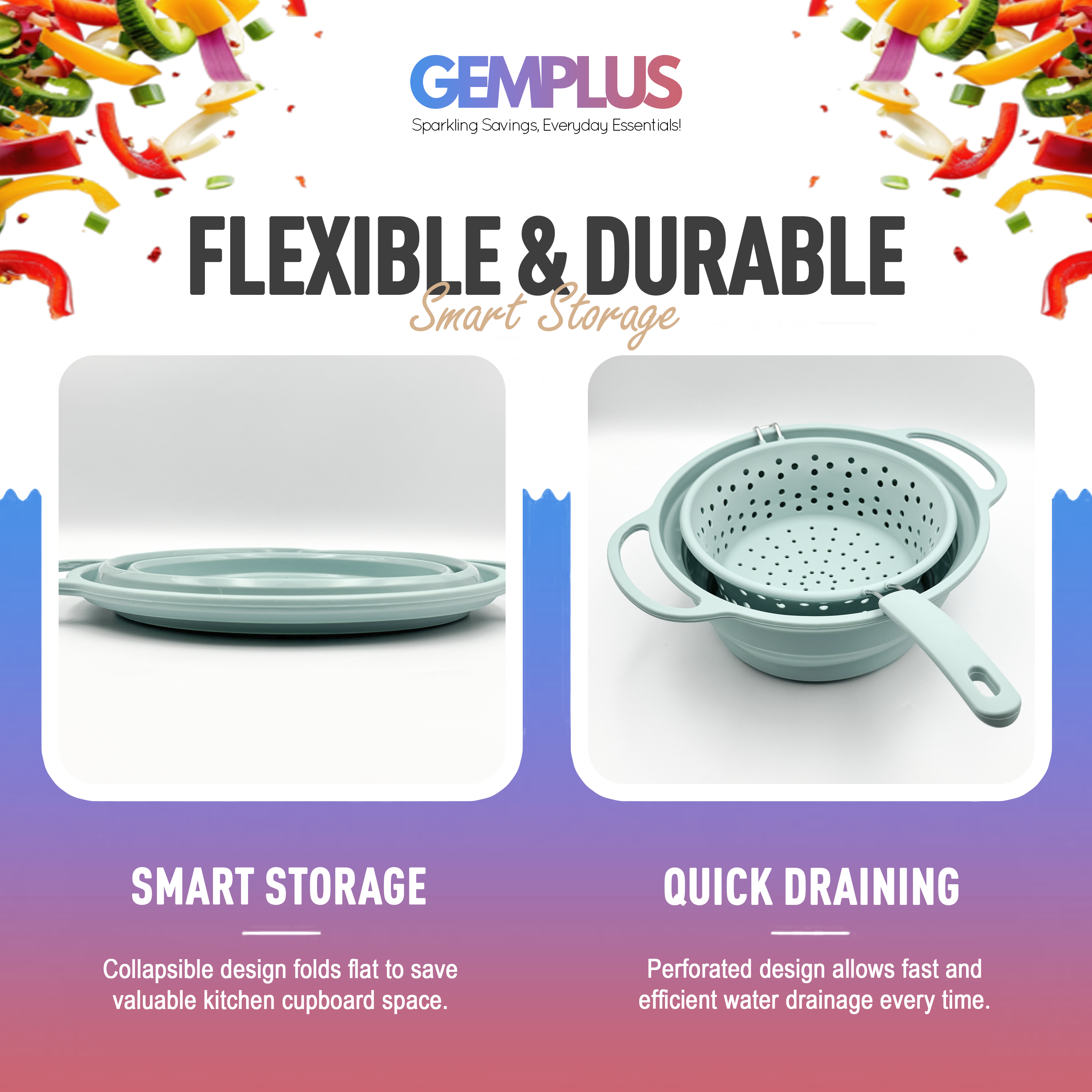 GEM+ |  Collapsible Silicone Colander Set (2 Pieces) – Pastel Blue