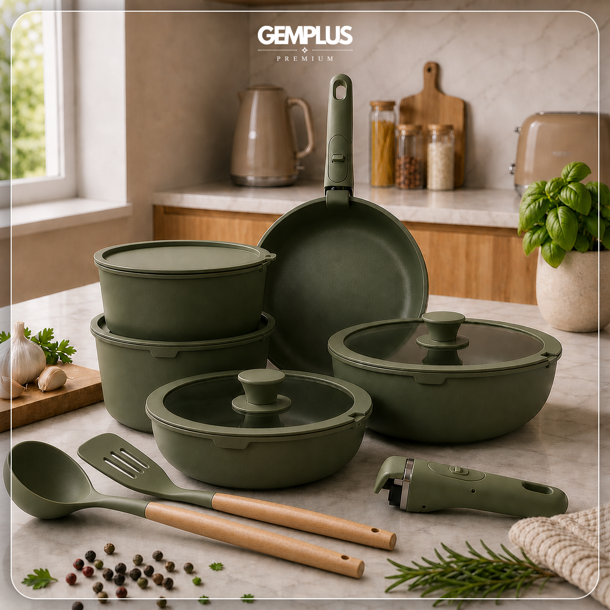 GEM+ | 17PCS Non-Stick Cookware Set Sage – Aluminium Pots & Pans Induction Compatible