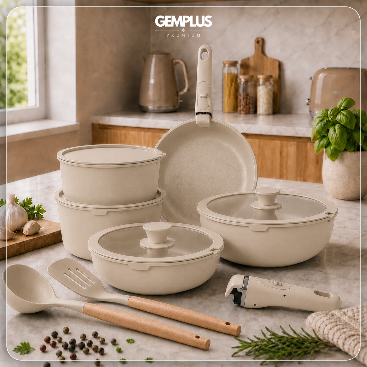 GEM+ | 17PCS Non-Stick Cookware Set Cream – Aluminium Induction Compatible Pots & Pans