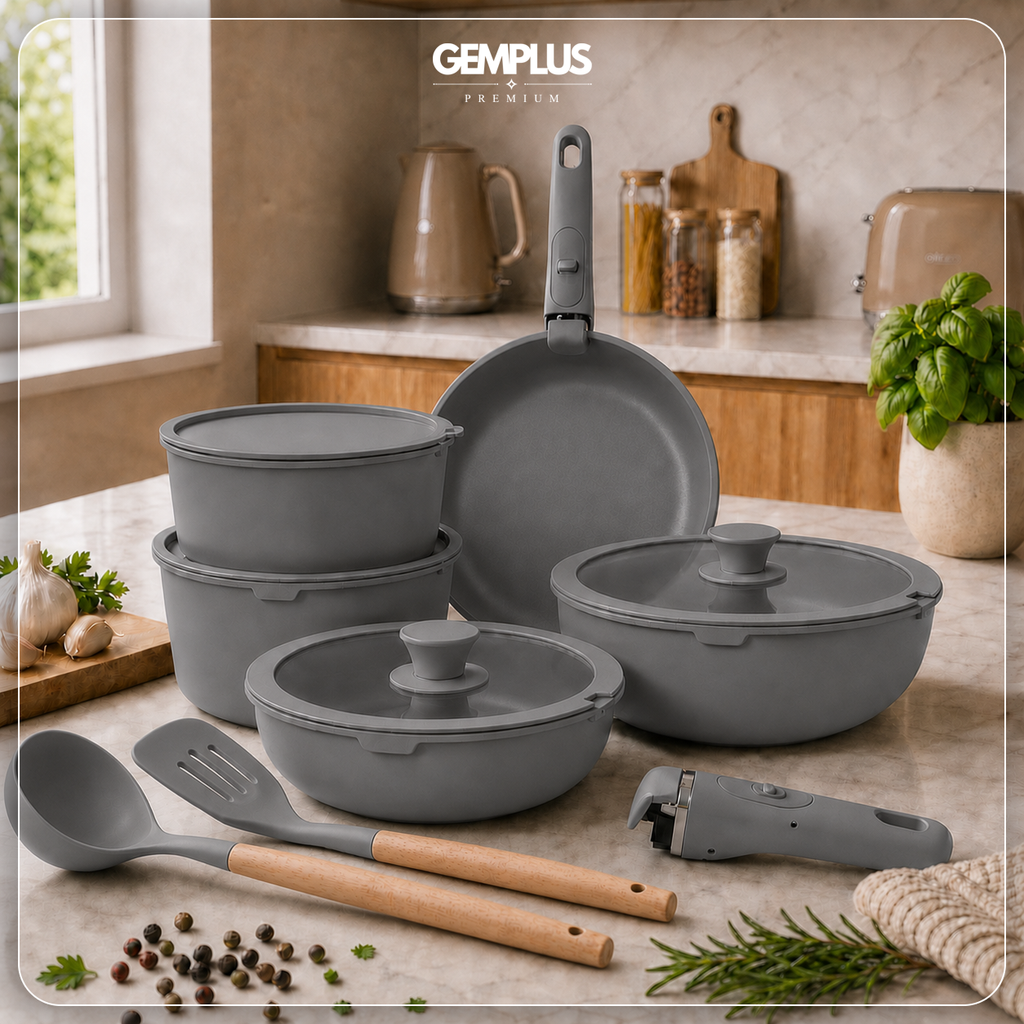 GEM+ | 17PCS Non-Stick Cookware Set Grey – Induction Ready Aluminium Pots & Pans
