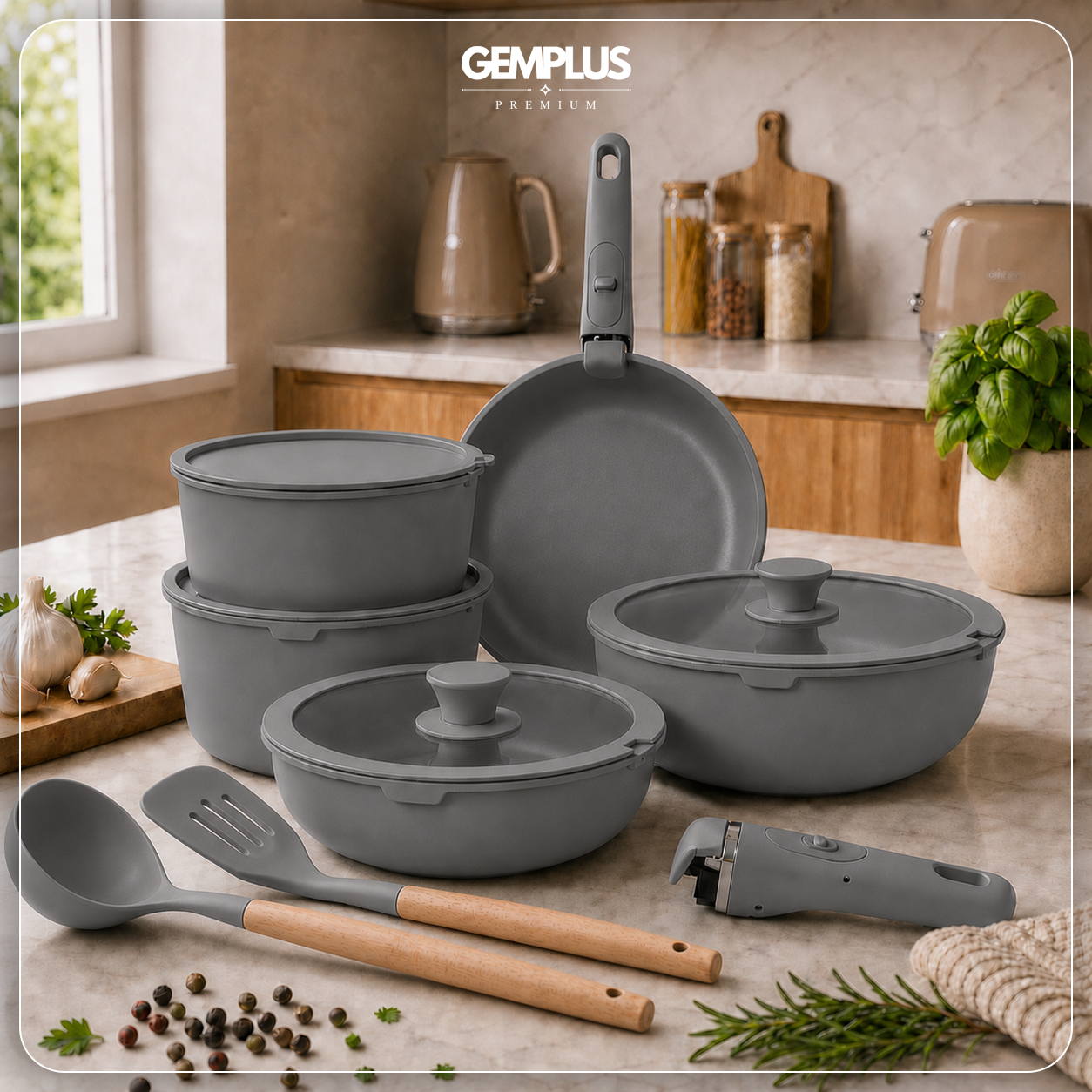 GEM+ | 17PCS Non-Stick Cookware Set Grey – Induction Ready Aluminium Pots & Pans