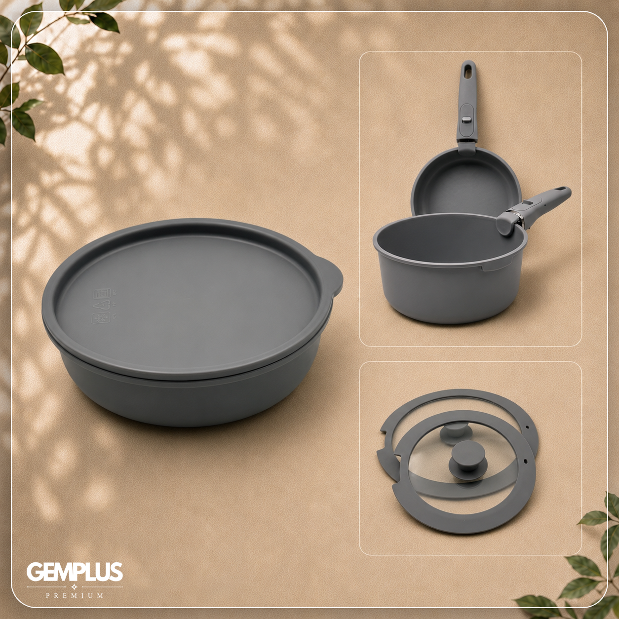 GEM+ | 17PCS Non-Stick Cookware Set Grey – Induction Ready Aluminium Pots & Pans