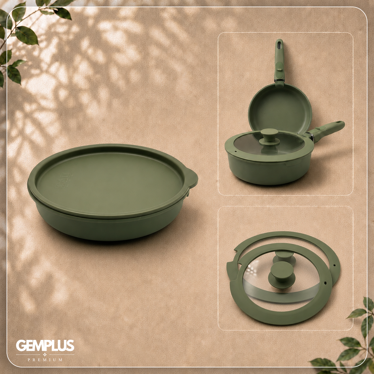 GEM+ | 17PCS Non-Stick Cookware Set Sage – Aluminium Pots & Pans Induction Compatible