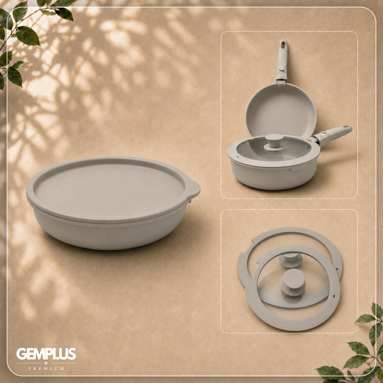 GEM+ | 17PCS Non-Stick Cookware Set Cream – Aluminium Induction Compatible Pots & Pans
