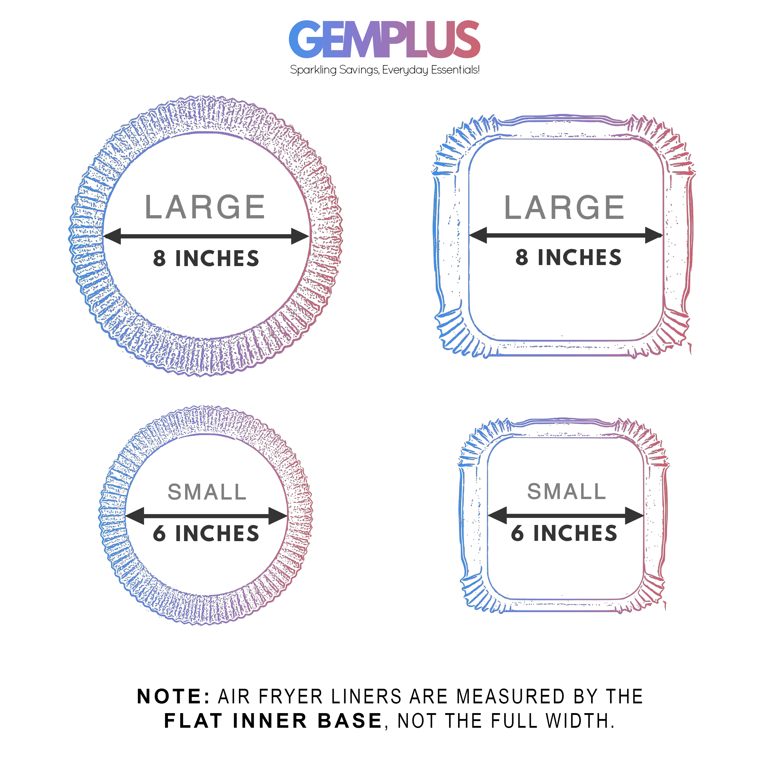 GEM+ | 100pcs Disposable Air Fryer Liners – Round & Square - 6" and 8" Sizes