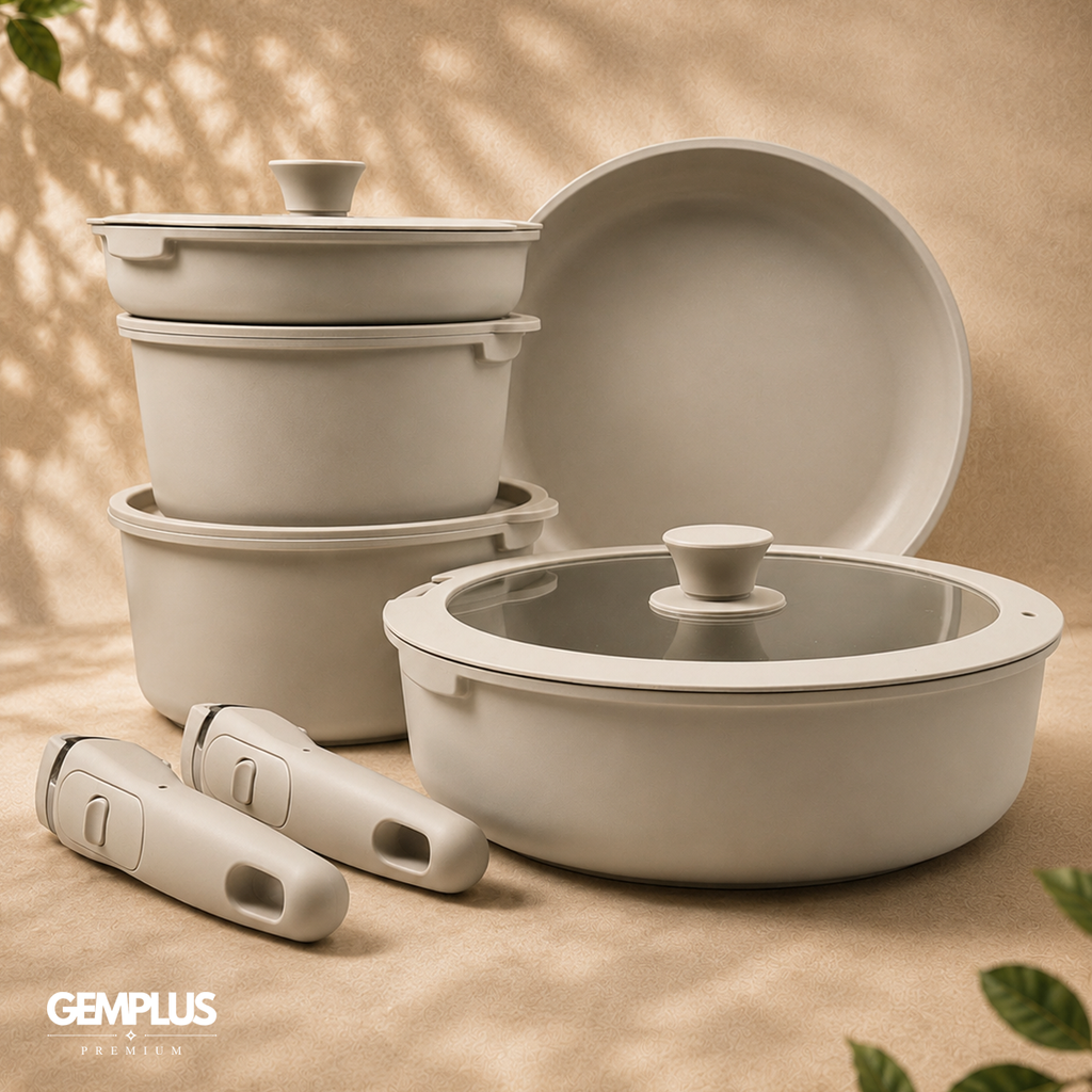 GEM+ | 17PCS Non-Stick Cookware Set Cream – Aluminium Induction Compatible Pots & Pans