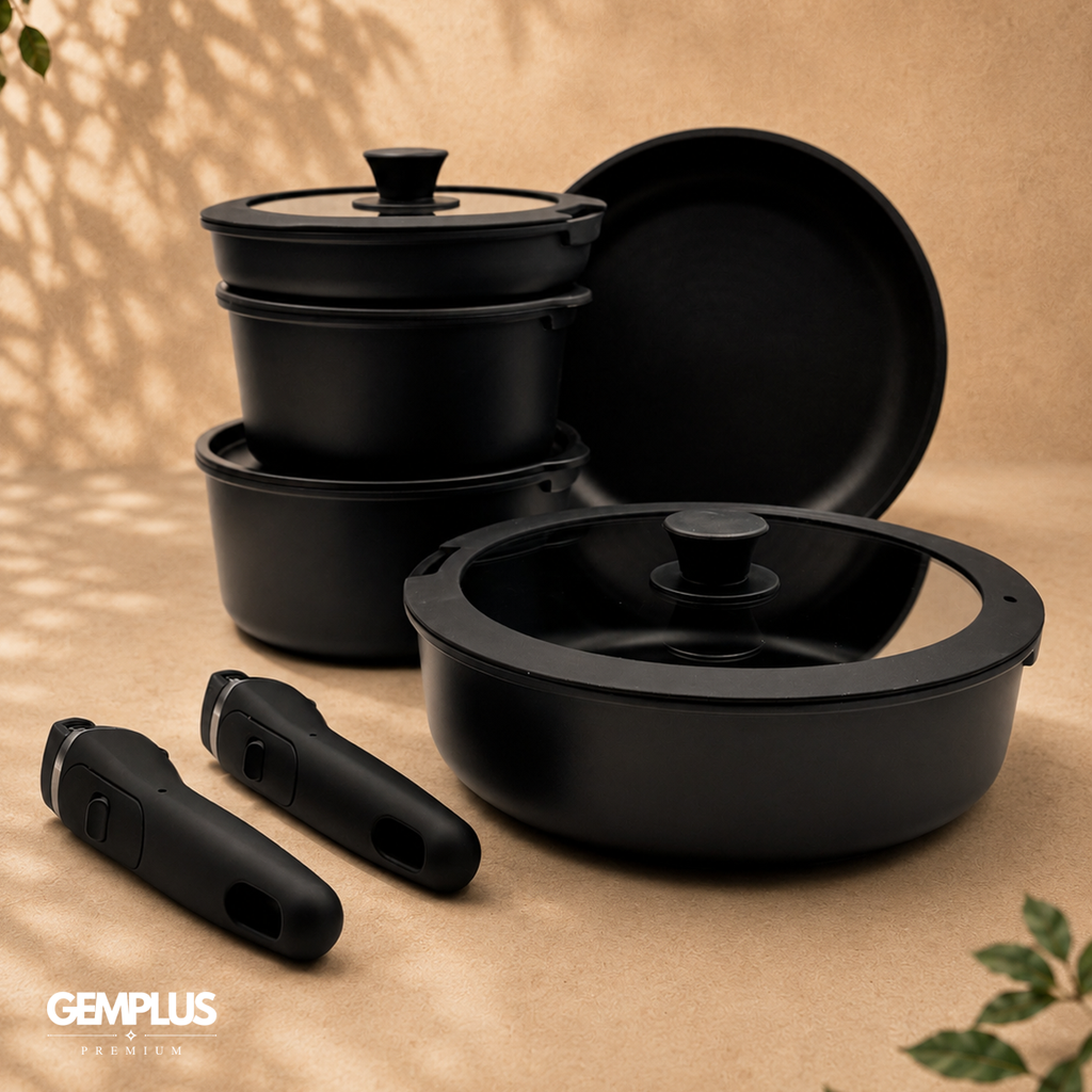 GEM+ | 17PCS Non-Stick Cookware Set Black – Induction & Gas Compatible Aluminium Pots & Pans