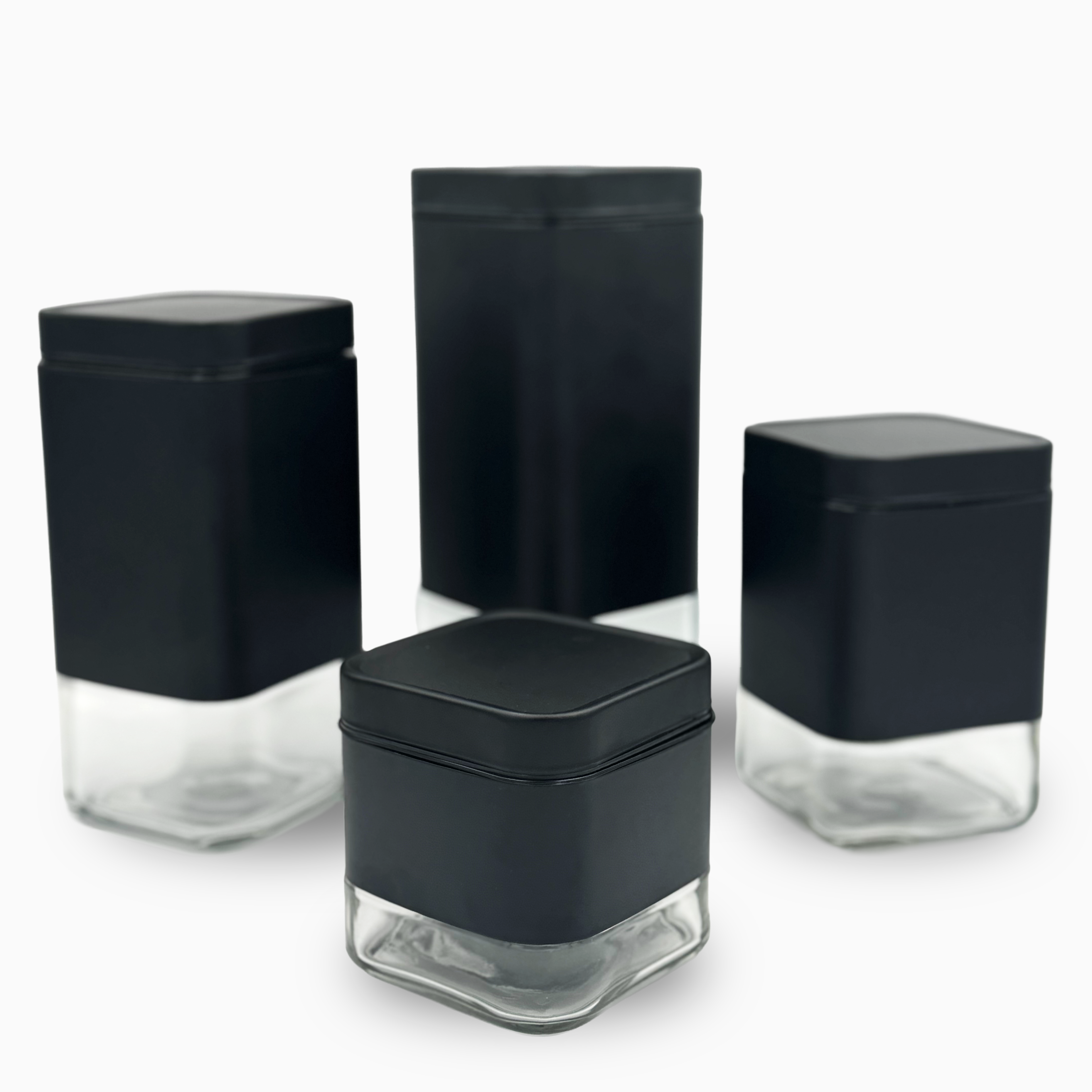 GEM+ | 4pc Glass Food Storage Jar Set with Lids – Airtight Stackable - Black