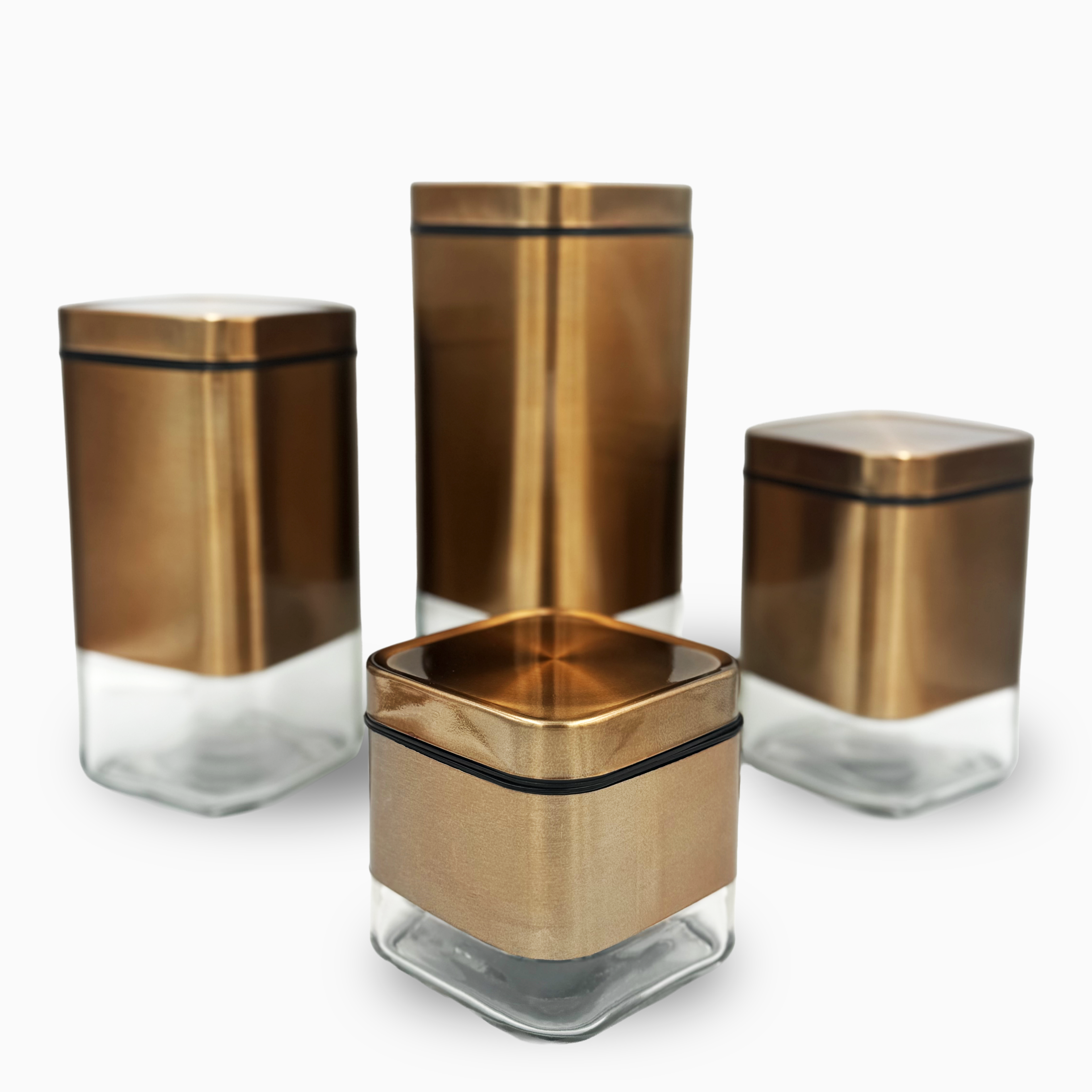 GEM+ | 4pc Glass Food Storage Jar Set with Lids – Airtight Stackable - Bronze