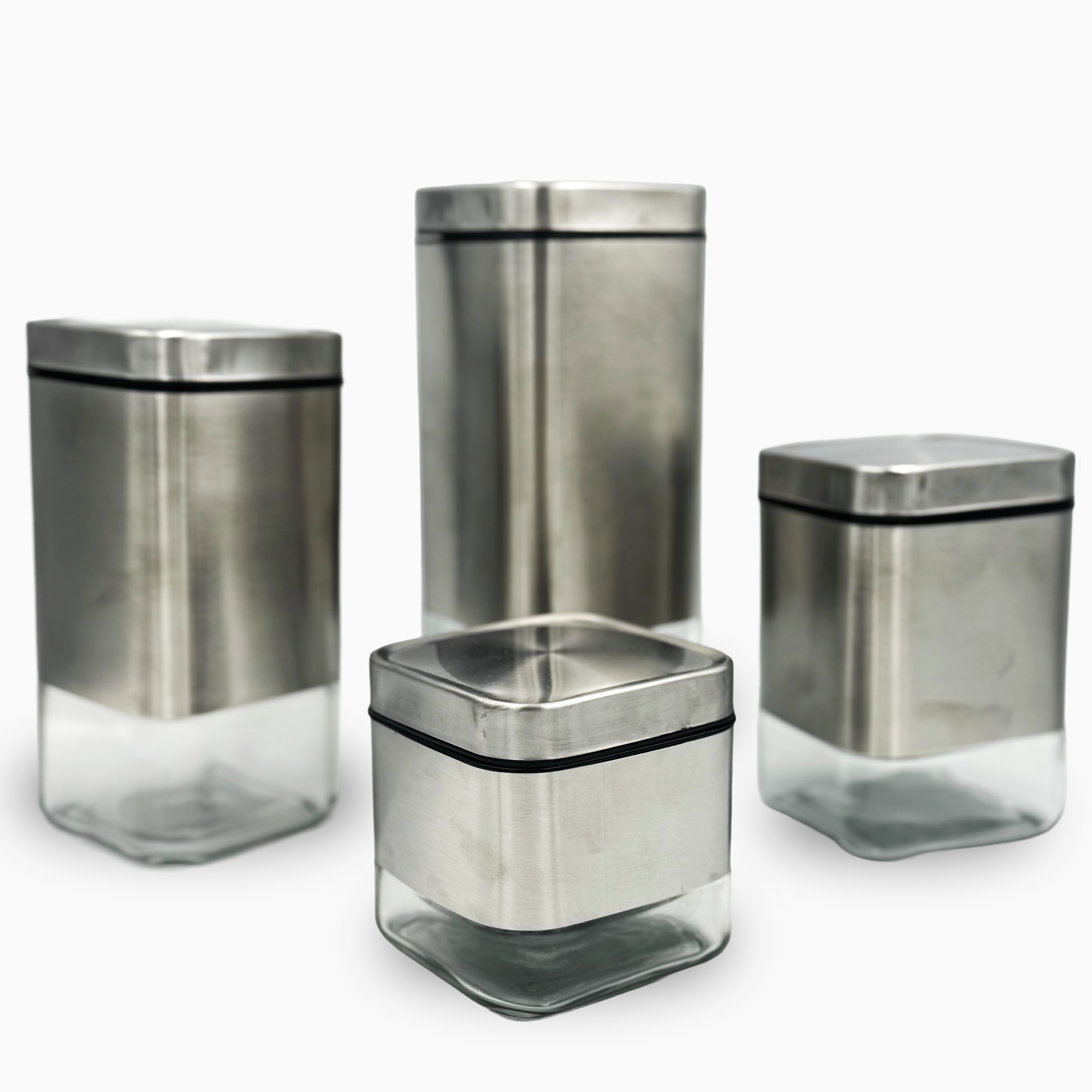 GEM+ | 4pc Glass Food Storage Jar Set with Lids – Airtight Stackable - Silver
