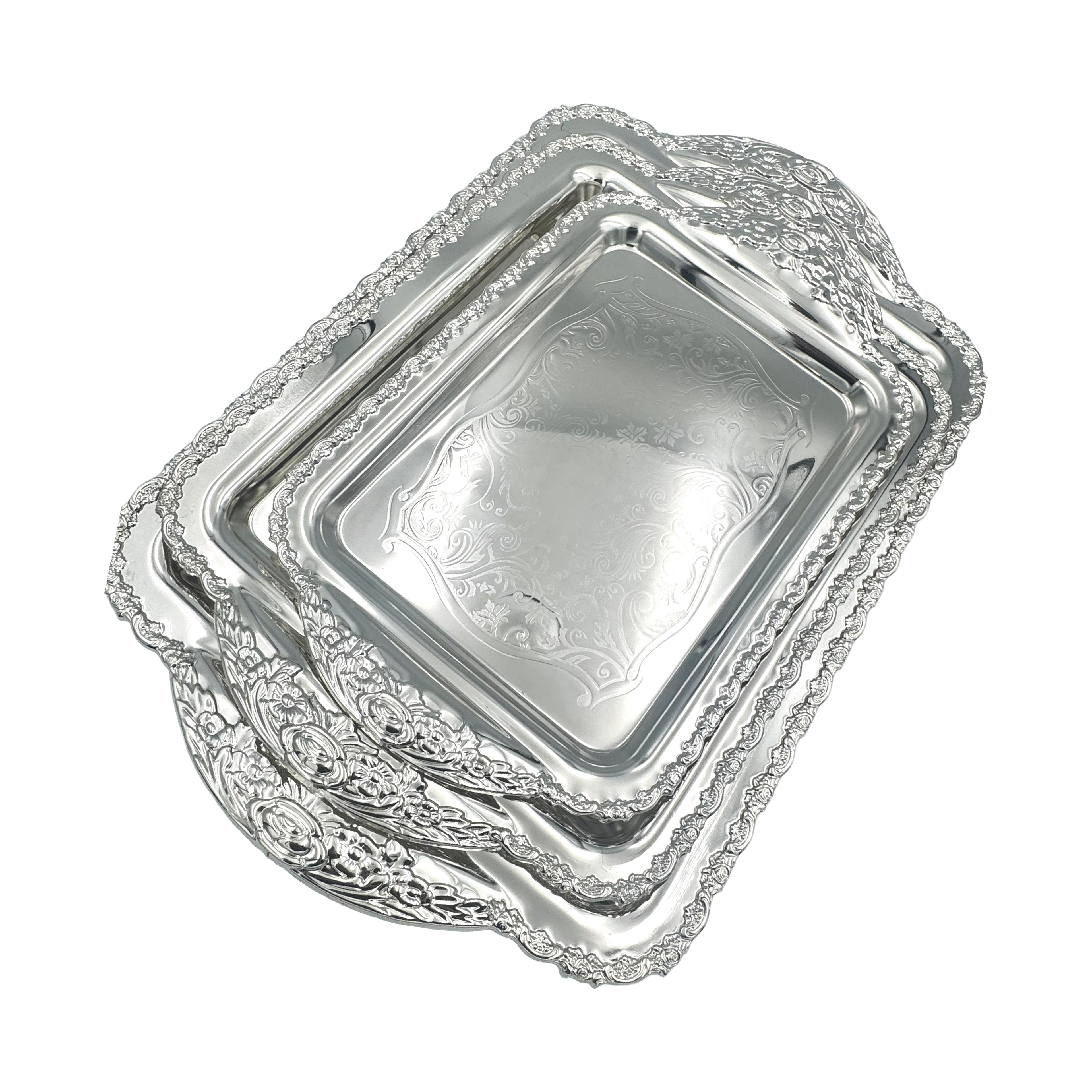 GEM+ | Premium 3-Piece Silver-Plated Vintage Tray Set – Elegant Ornate Durable