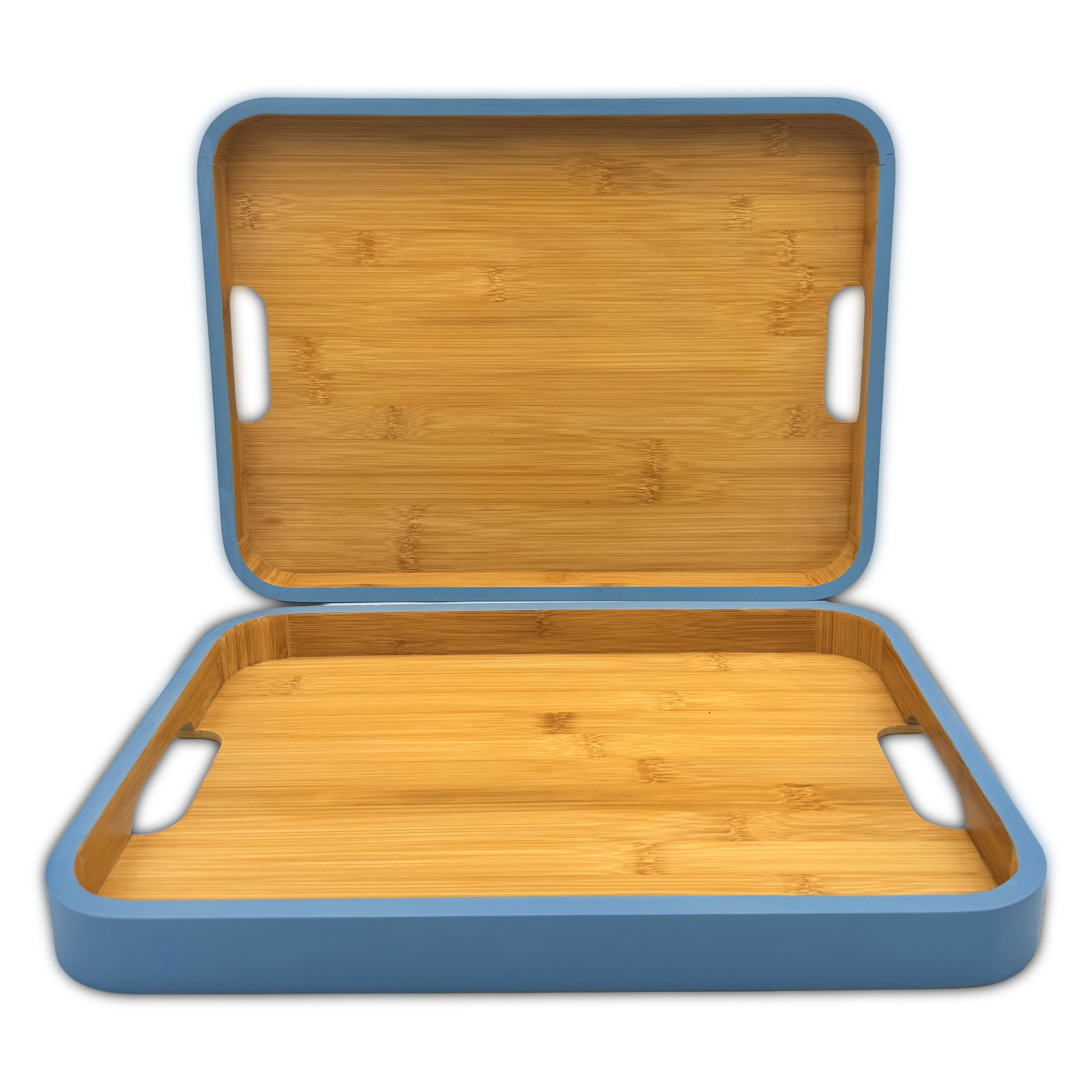 GEM+ | 2pcs Bamboo Serving Tray Set – Blue Trim | Nested Rectangular Trays | Eco-Friendly Kitchen