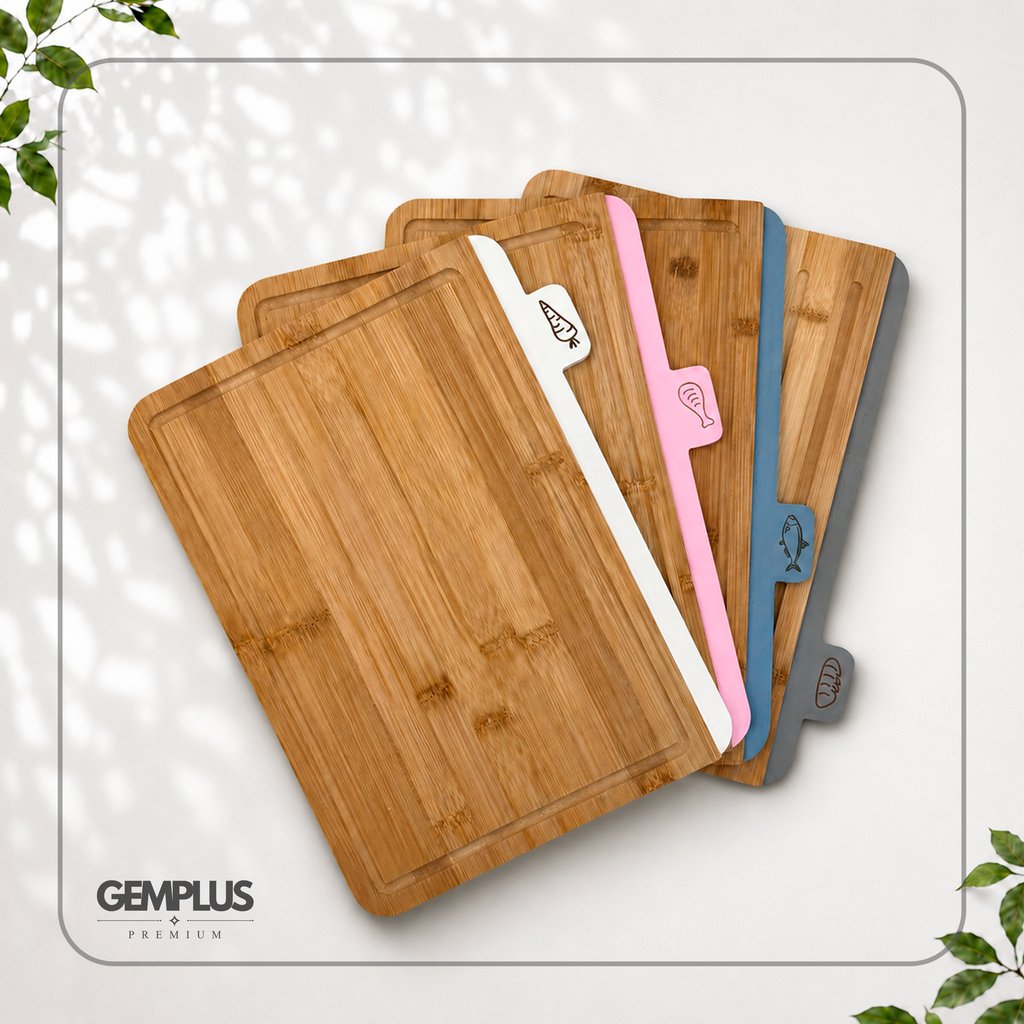 GEM+ | 4 PCS Premium Natural Bamboo Color Coded Chopping Board Set - White