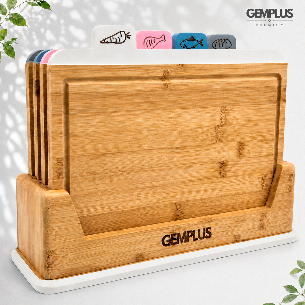 GEM+ | 4 PCS Premium Natural Bamboo Color Coded Chopping Board Set - White