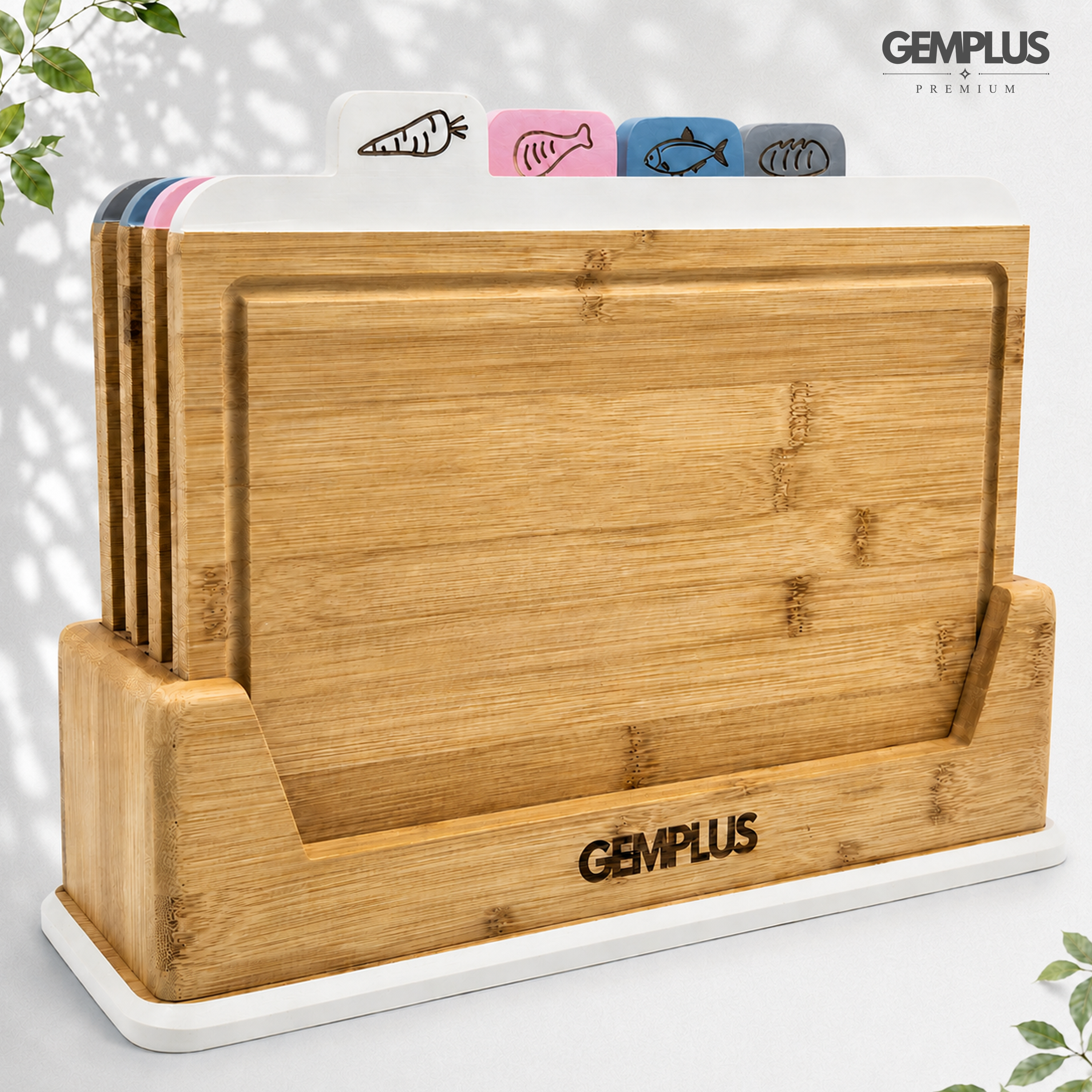 GEM+ | 4 PCS Premium Natural Bamboo Color Coded Chopping Board Set - White
