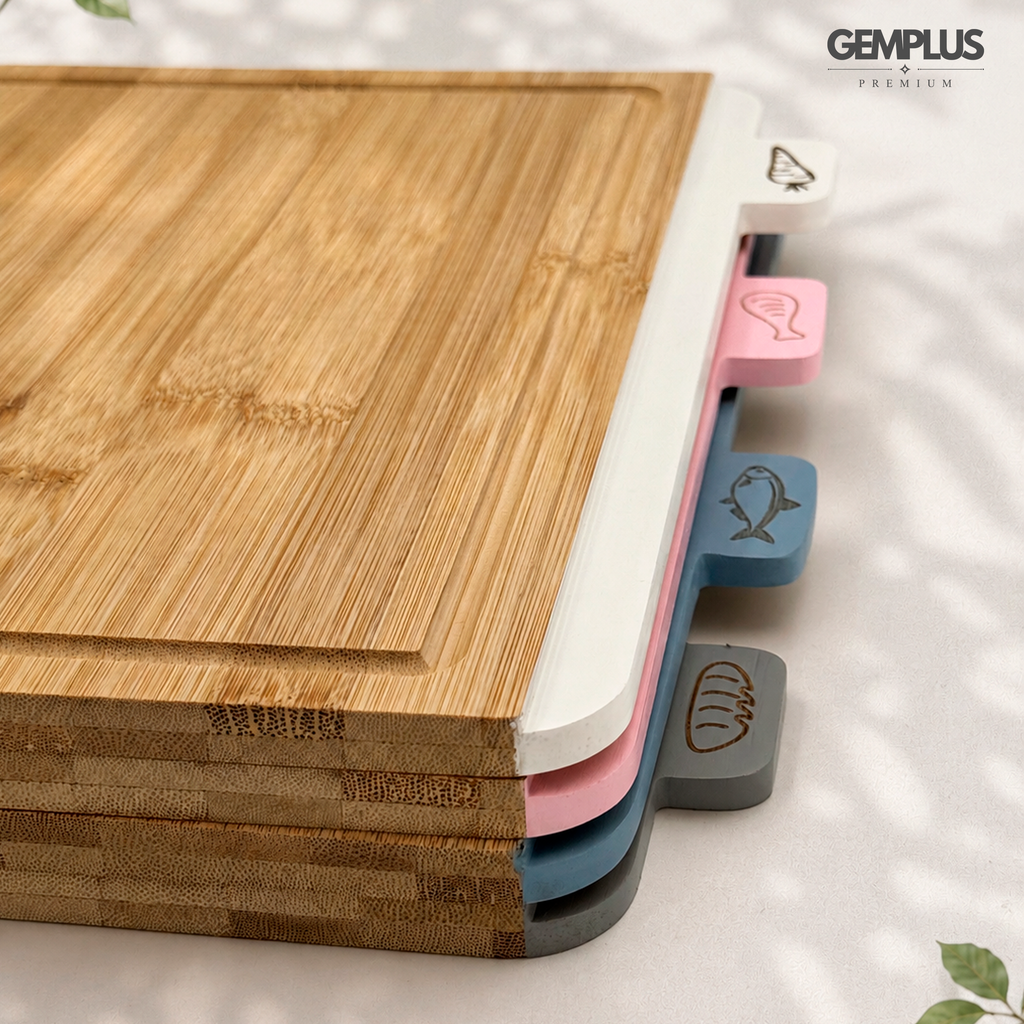 GEM+ | 4 PCS Premium Natural Bamboo Color Coded Chopping Board Set - White