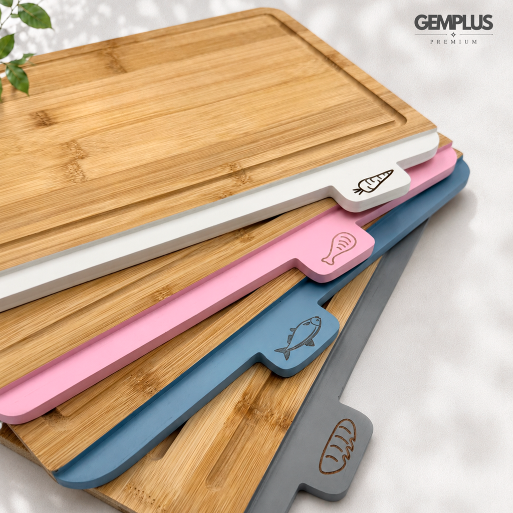GEM+ | 4 PCS Premium Natural Bamboo Color Coded Chopping Board Set - White
