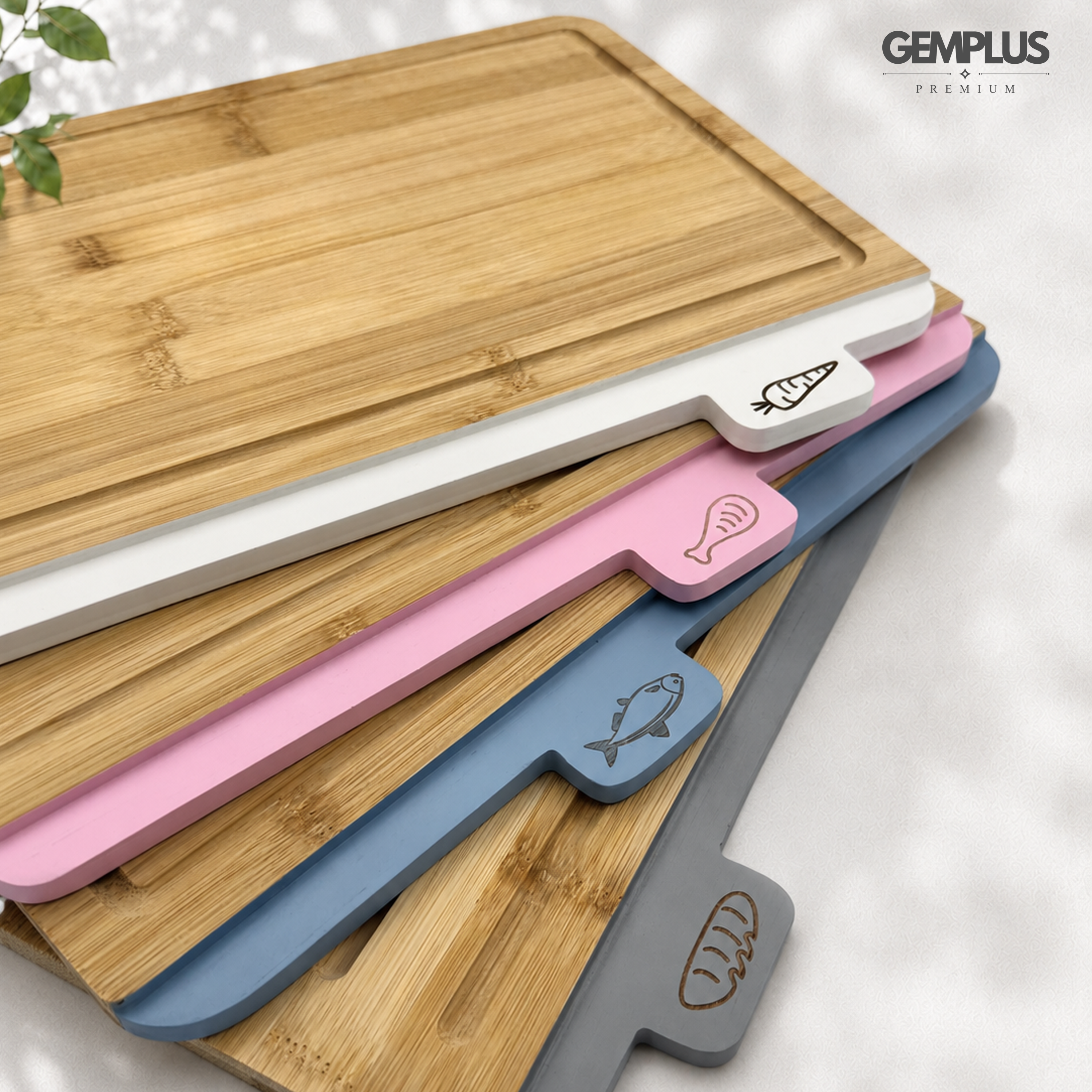 GEM+ | 4 PCS Premium Natural Bamboo Color Coded Chopping Board Set - White