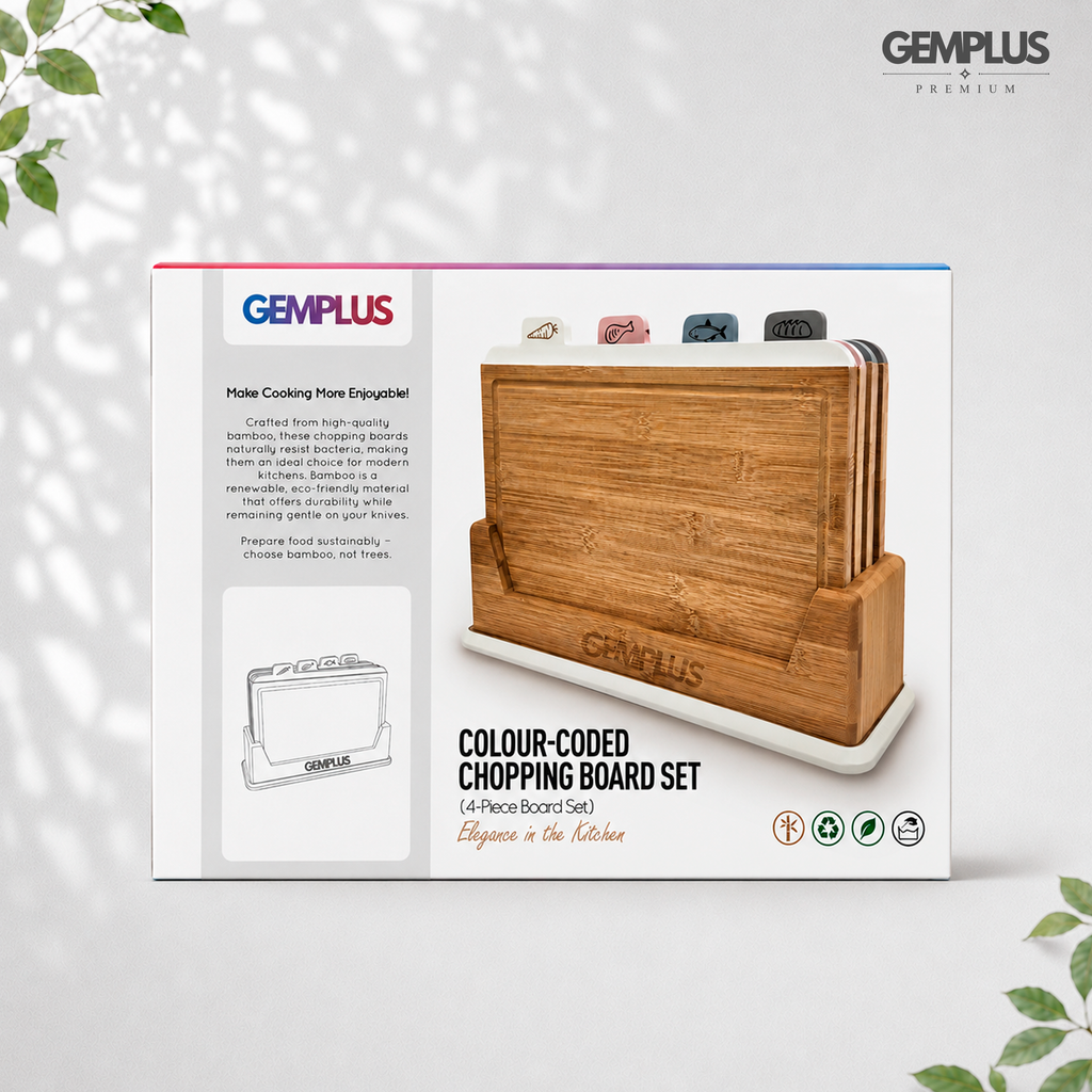 GEM+ | 4 PCS Premium Natural Bamboo Color Coded Chopping Board Set - White