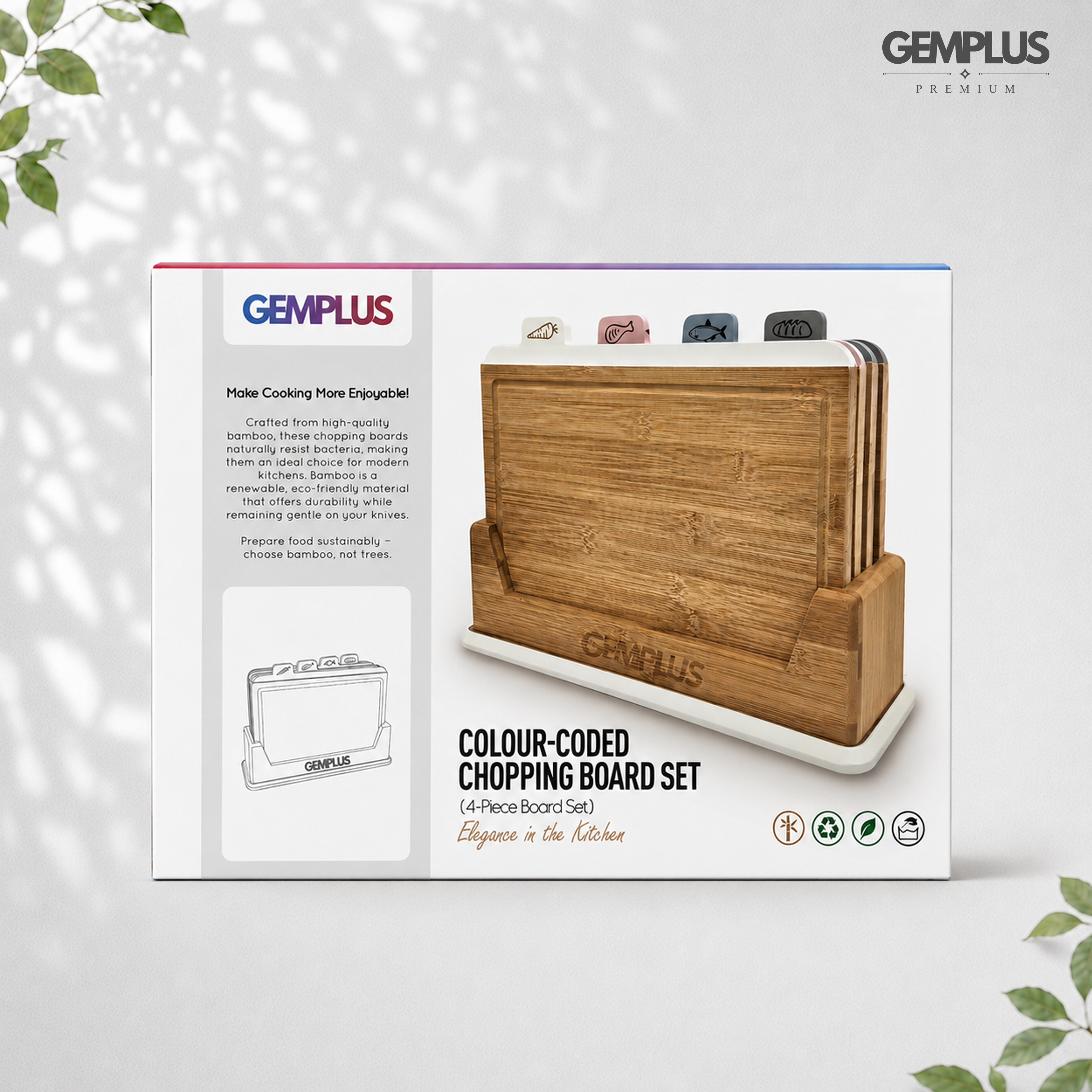 GEM+ | 4 PCS Premium Natural Bamboo Color Coded Chopping Board Set - White